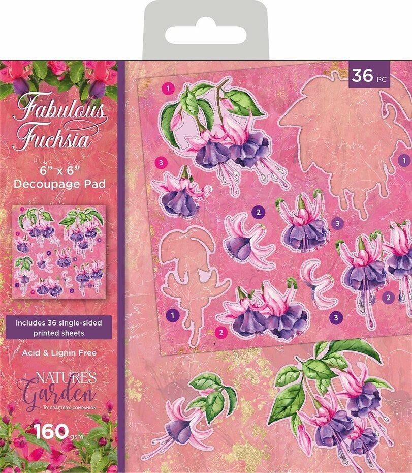 Crafters Companion - Crafter's Companion - Fabulous Fuchsia Decoupage -paperipakkaus, 6" x 6"
