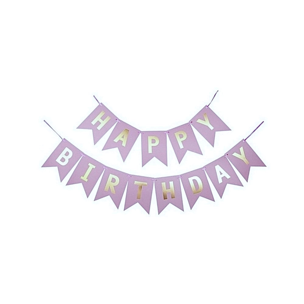 Bursdag Banner - bokstaver - Happy Birthday - lilla m/ metallisk gull