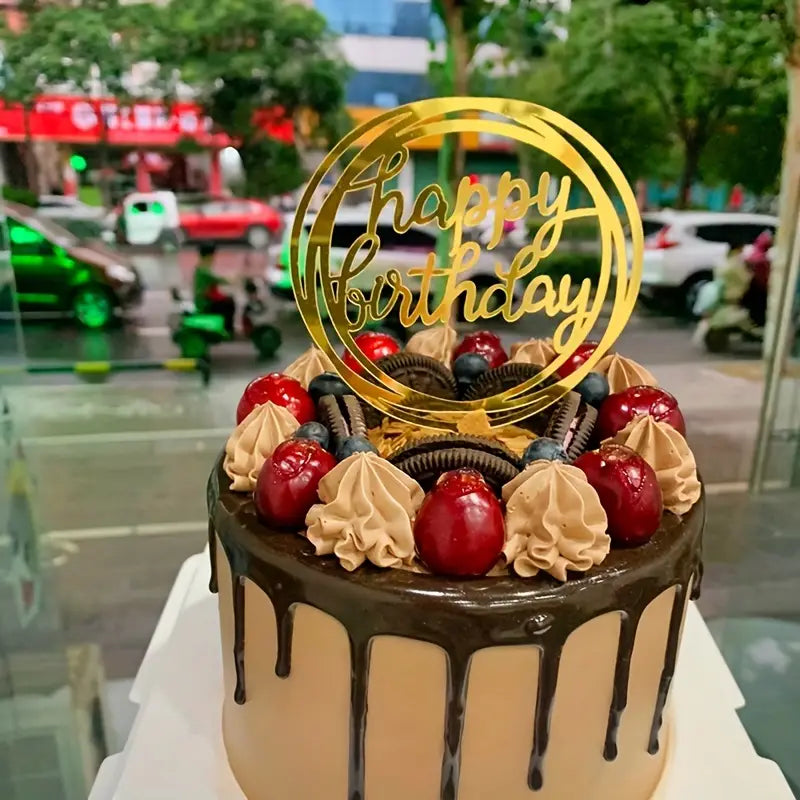 Bursdag / Fest - kakedekor akryl - «happy birthday» sirkel speil gull