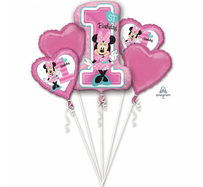 Disney Ballongbukett - Minni mus 1 års dag - Folie ballonger - Minnie 1st Birthday - 5 ballonger med lisens