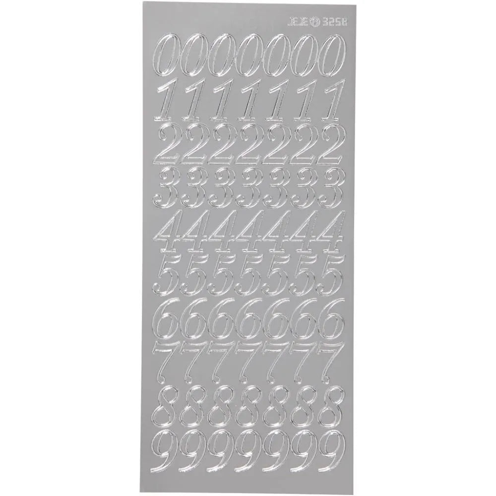 Klistremerke / stickers - tall 0-9 - store - sølv