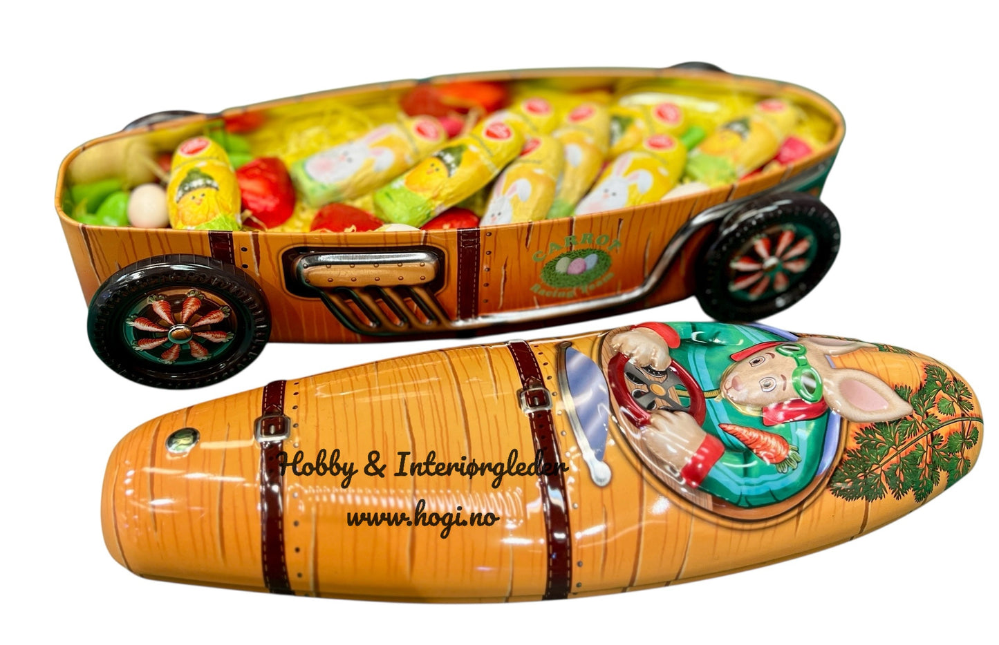 Nyhet ! Metallboks - gulrotbil - Kakeboks i metall – Retro bil med kanin