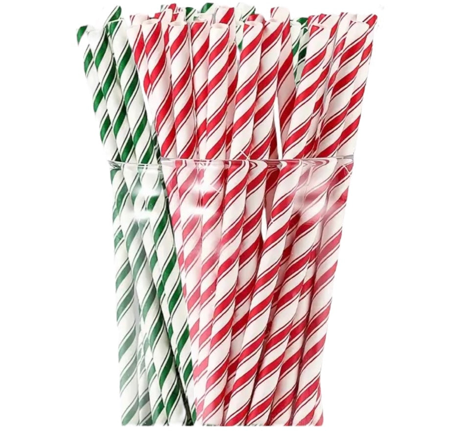 SALG! Sugerør med striper grønn og rød , L:20 . 24 stk per pose