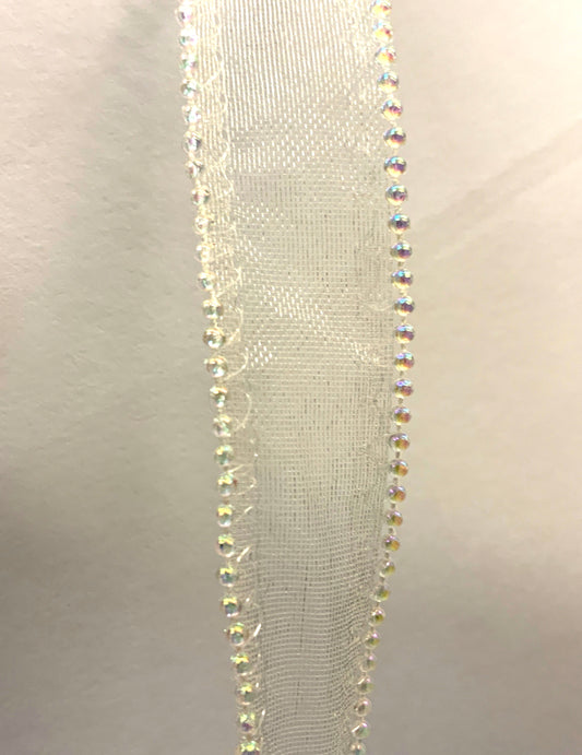 Sheerbånd kremfarget med perle kant 25mm