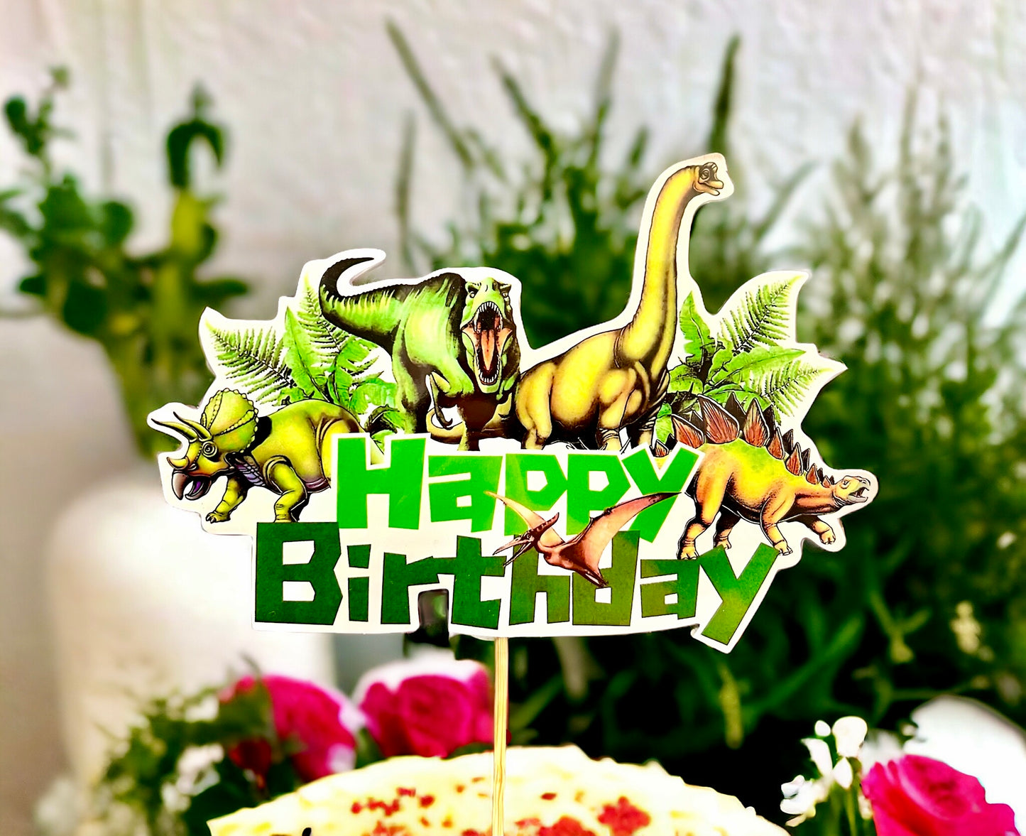 Bursdag / Fest - kakedekor - dinosaur skilt «Happy birthday»