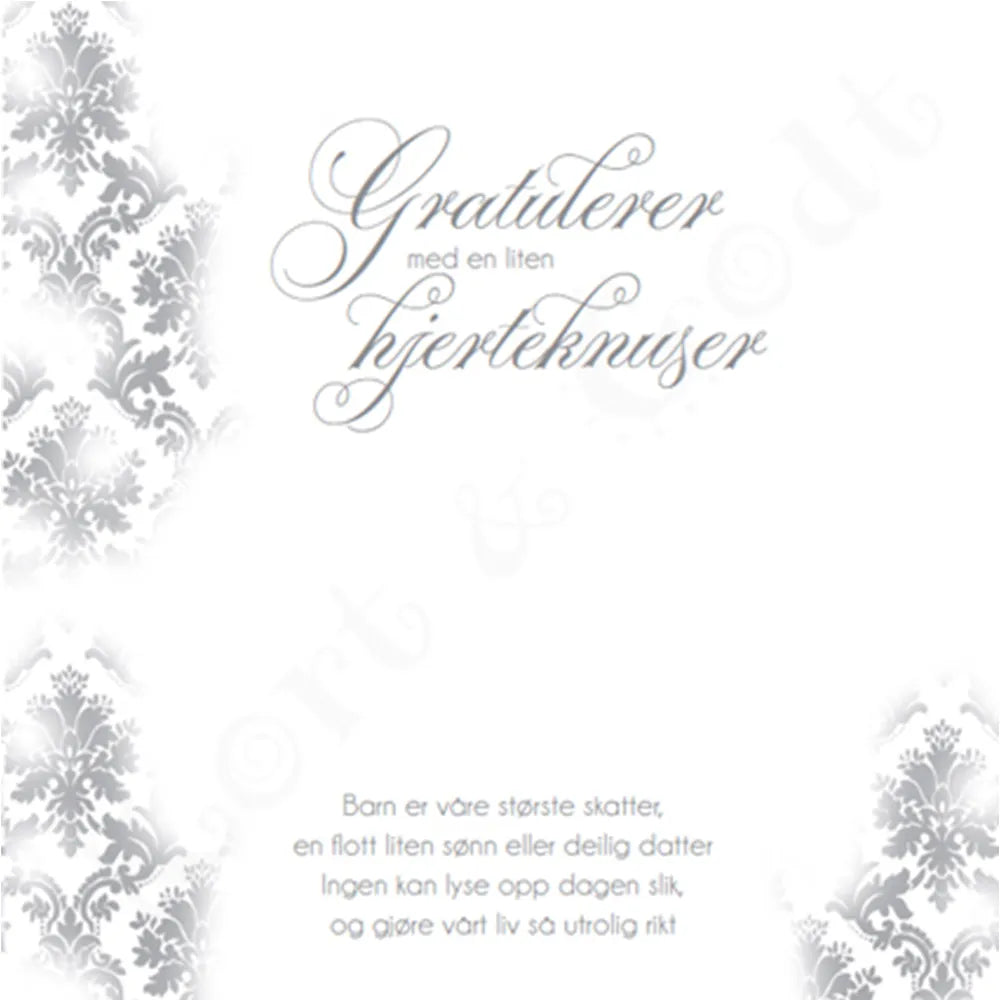 TILBUD kort med tekst - Gratulerer med en liten hjerteknuser - vintage hvit ca225