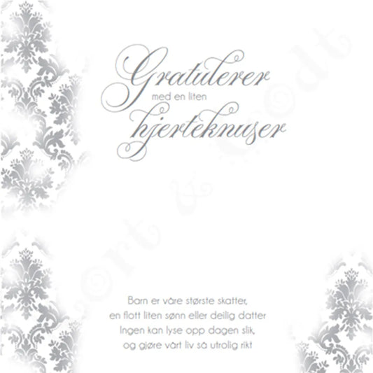 TILBUD kort med tekst - Gratulerer med en liten hjerteknuser - vintage hvit ca225