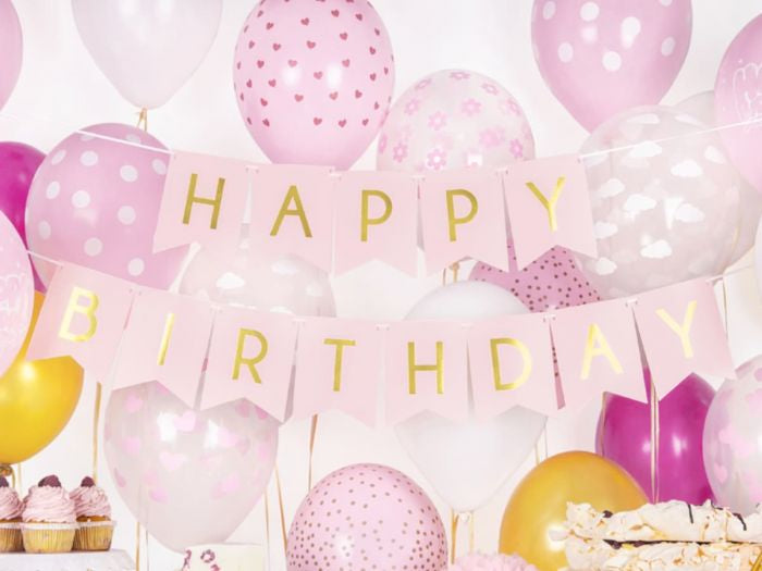 Bursdag Banner - bokstaver - Happy Birthday - rosa m/ metallisk gull