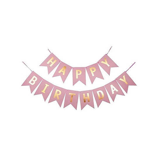 Bursdag Banner - bokstaver - Happy Birthday - rosa m/ metallisk gull