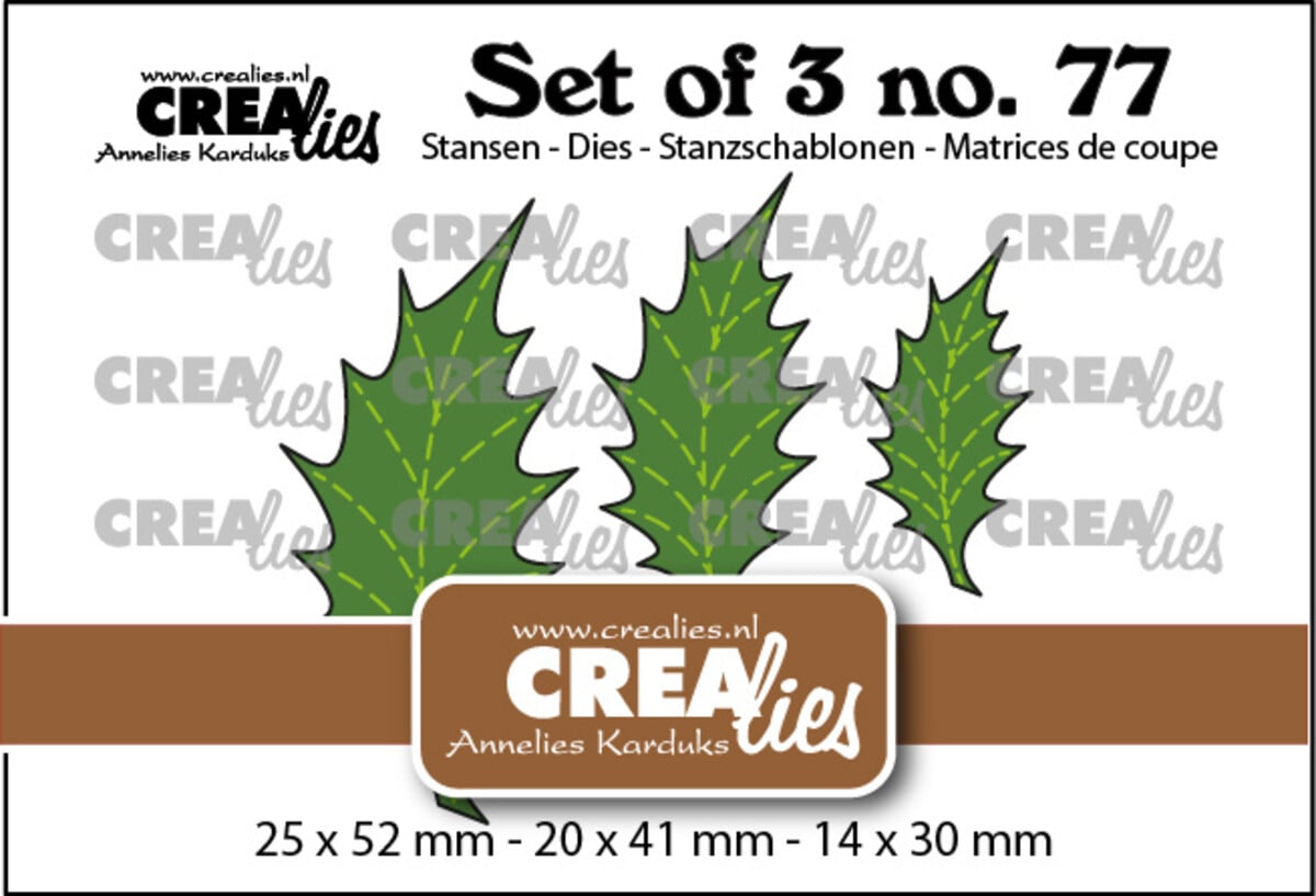 NYHET! Crealies - Sett med 3 dies nr. 77 etterlater 22 tette kristtornblader m/sømlinje (speilbilde) (CLSet77)