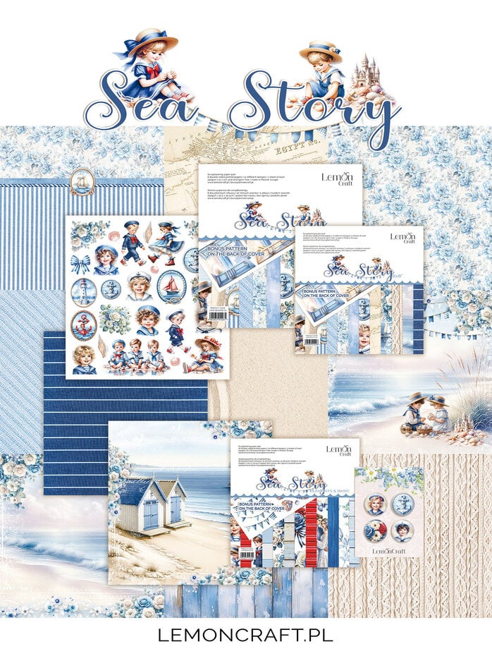 Lemoncraft mønsterark /arkpakke -Sea Story Elements & Basic 8x8 Inch Paper Pad (LEM-SEASTO-03)