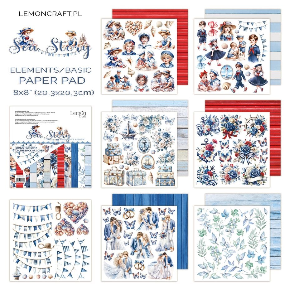 Lemoncraft mønsterark /arkpakke -Sea Story Elements & Basic 8x8 Inch Paper Pad (LEM-SEASTO-03)