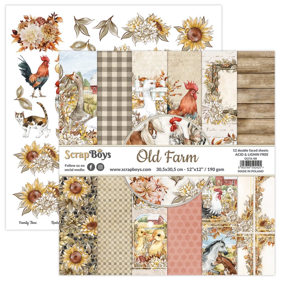 Scrapboys Old Farm 12x12 Inch Paper Pack (OLFA-08)- arkpakke 12x12 inch