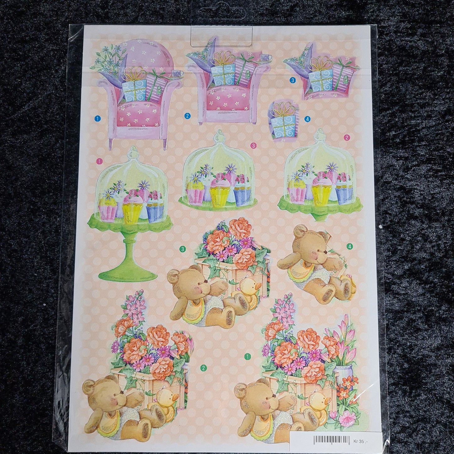 Ferdig utkuttet 3D klippark baby motiv med glitter, 2 ark (blå & fersken )