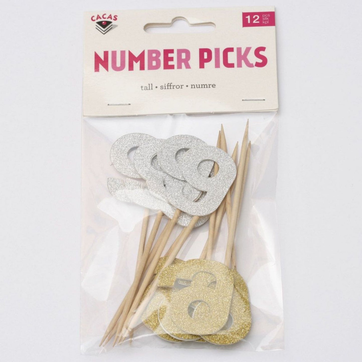 Kakedekor - Tall 9 , 12 stk ass Gull/Sølv