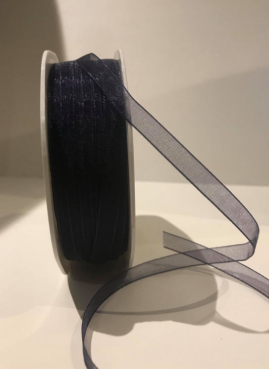 Transparent, mørk blått organza-bånd, bredde 7mm
