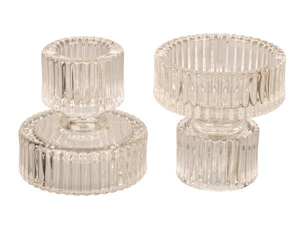Smart lysestake i klart glass med riller. Passer både til kronelys og telys - 6x6 cm