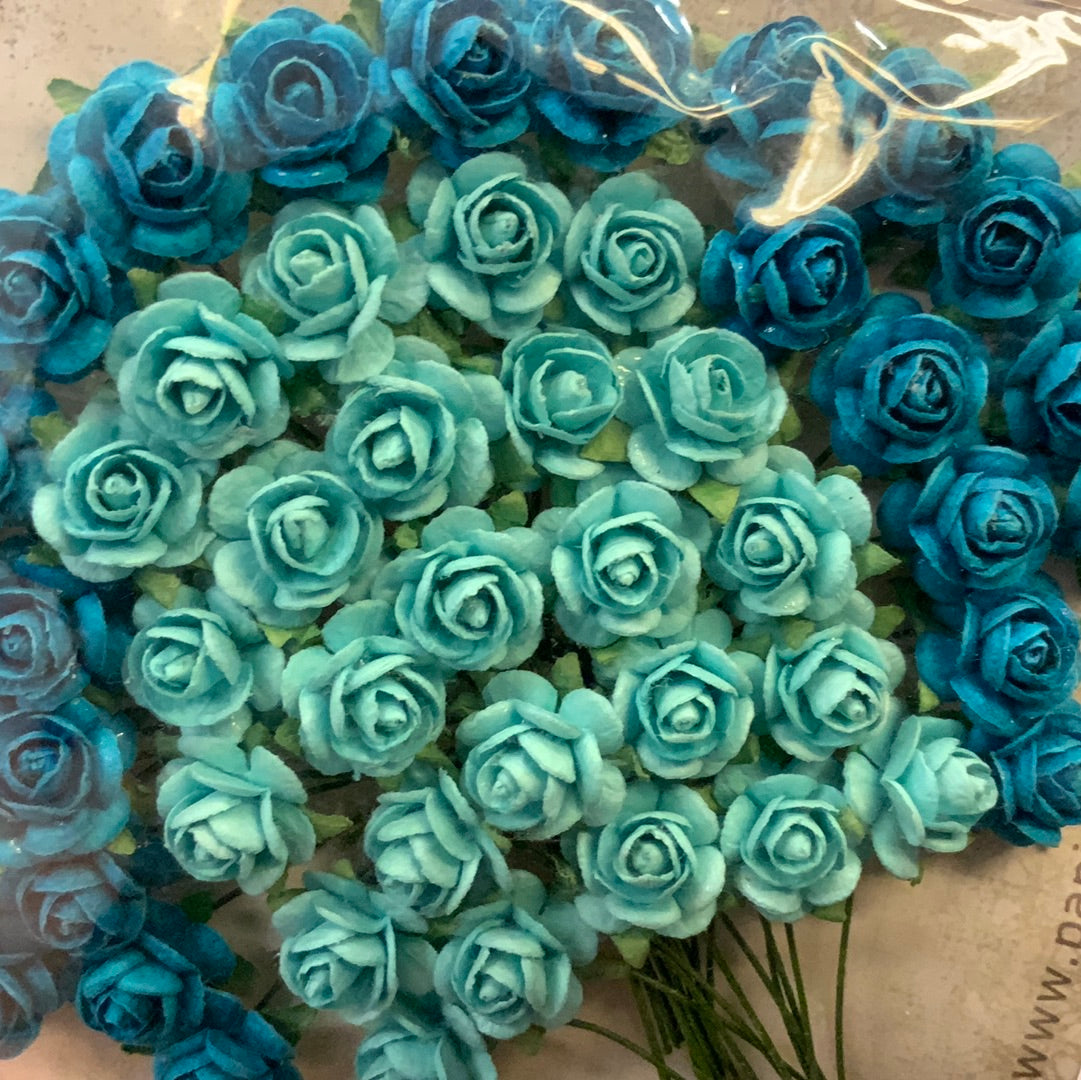 Papirdesign blomster roser Ø10mm dyp turkis/ lys turkis 50 stk