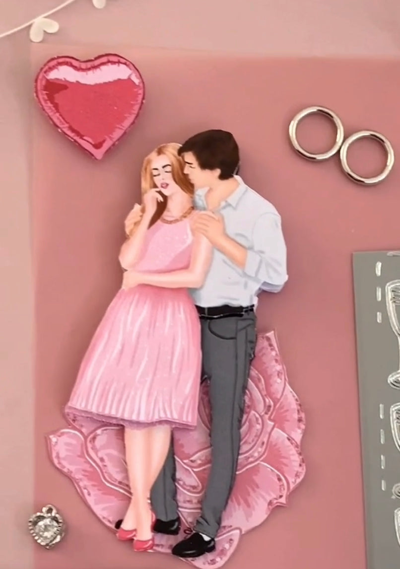 3D klippark ungt par og rosa rose . Forlovelse - kjærlighet - bryllup - brudepar