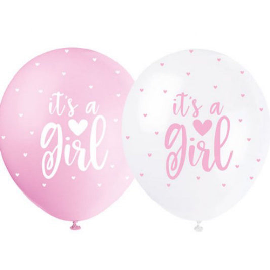 Ballonger med tekst It´s a girl. Perlehvit og shimmerrosa. 30,4cm. 5 stk