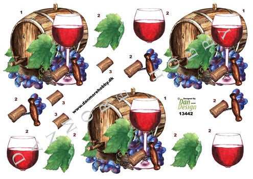 3D klippark - rødvinsglass, vintønne og druer 🍇🍷