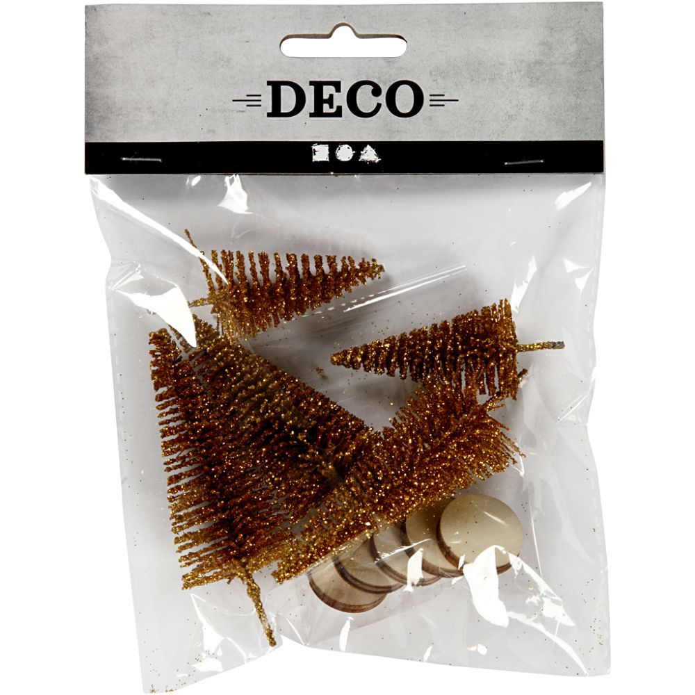 Miniatyr figur: trær, med glitter, 5 stk. ass str. - Velg farge - gull, sølv , grønn