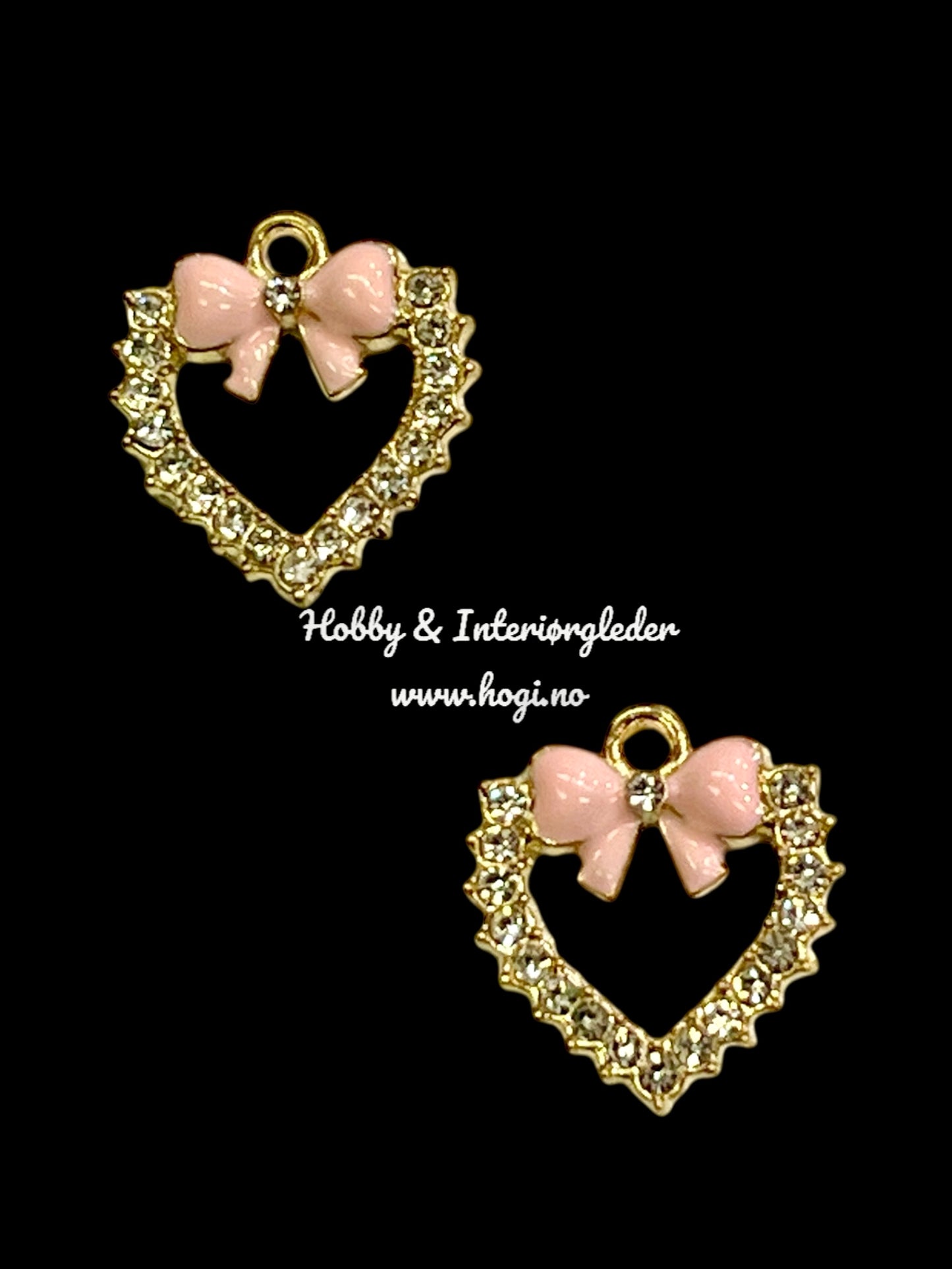 Charms - miniatyr - metallcharms - Hjerte med sløyfe og bling  - 2 stk hjerter pr pakke