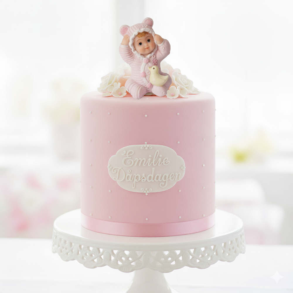 Kaketopp/ kakepynt/ borddekor - Baby med and Rosa, 5,5 cm