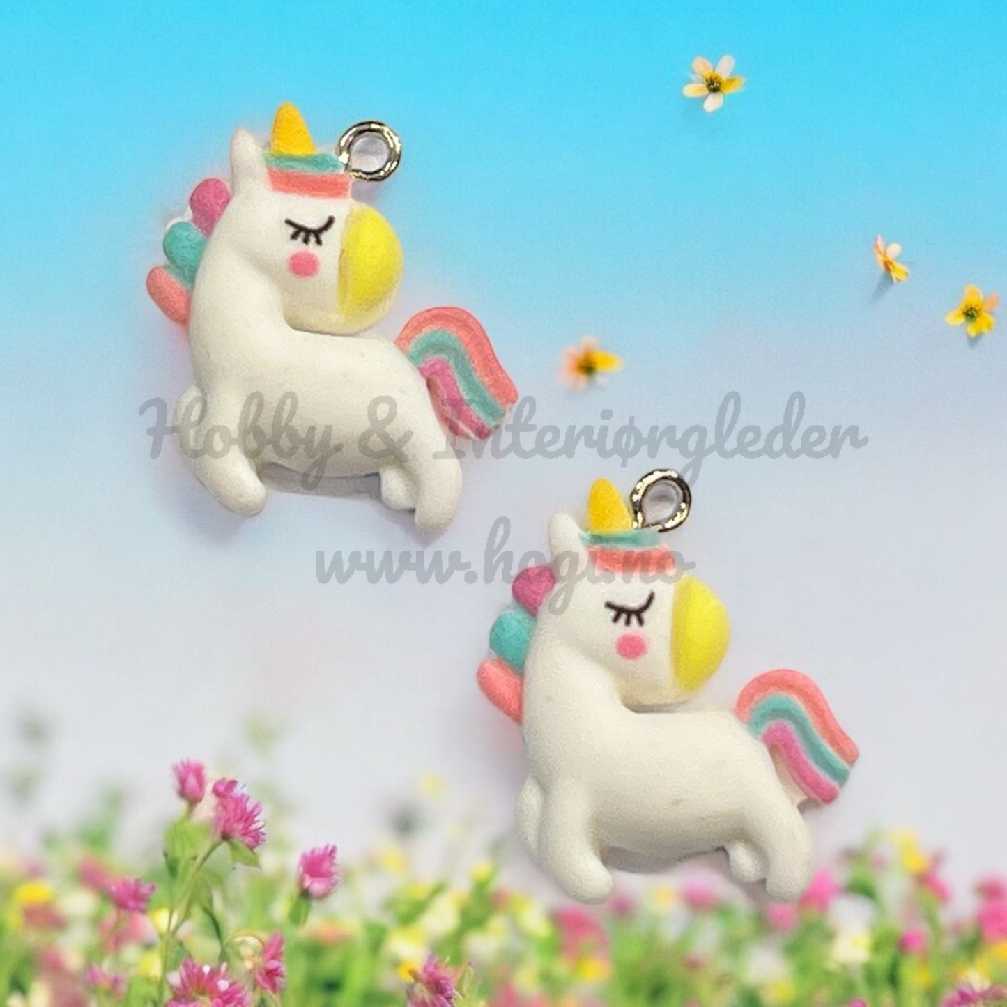 Charms - metallcharms - miniatyr : 3D enhjørning  2 stk pr pk m/oppheng