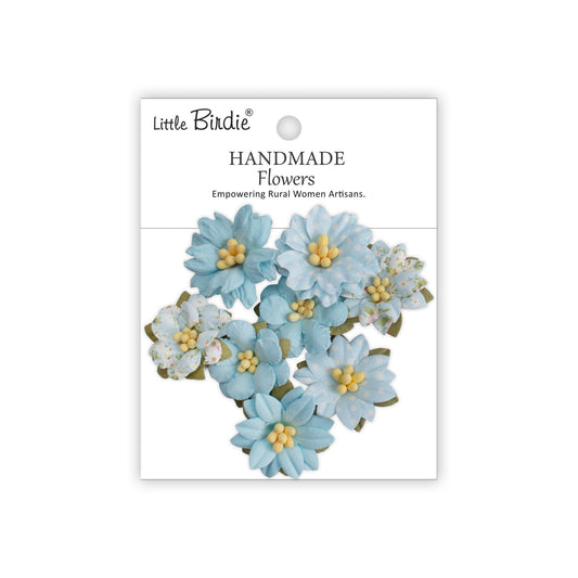 NYHET! Little birdie - Handmade Flowers - Printed Paper Flowers Vinita Blue Symphony  8pcs