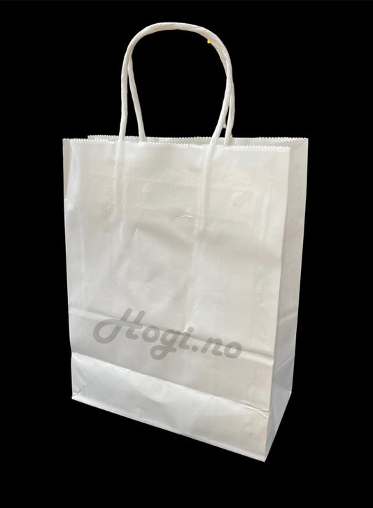 Papirpose med bunn og hank, hvit, medium str.