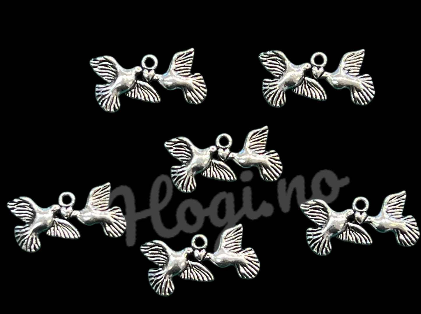 Chams - metallcharms -miniatyr : to fugler og hjerte  6 stk pr pk