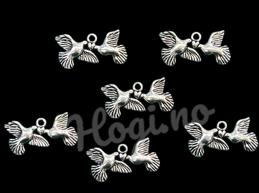 Chams - metallcharms -miniatyr : to fugler og hjerte  6 stk pr pk
