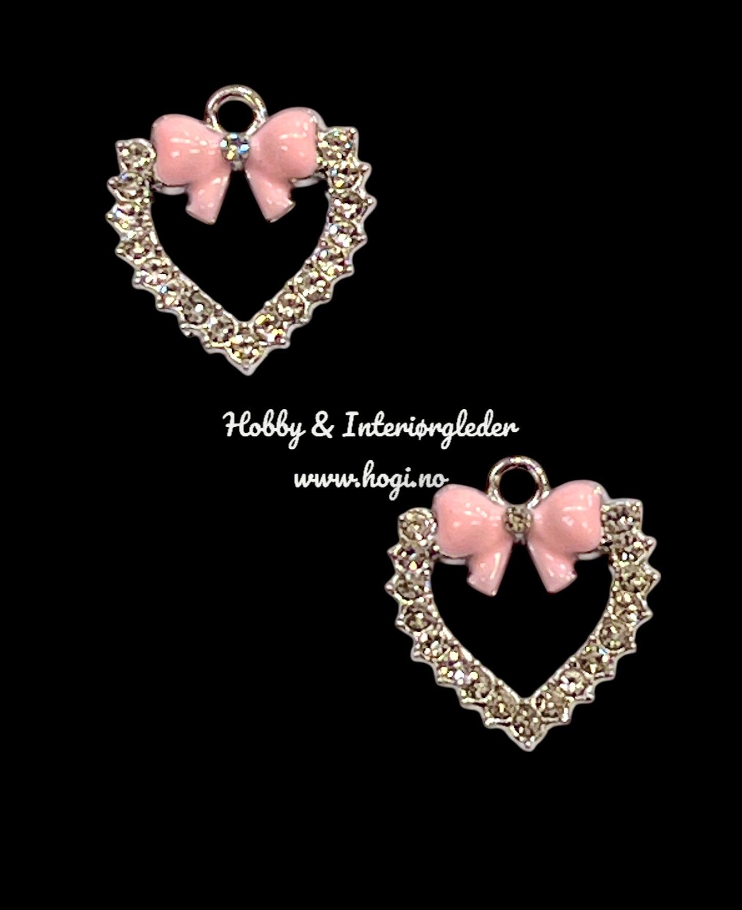 Charms - miniatyr - metallcharms - Hjerte med sløyfe og bling  - 2 stk hjerter pr pakke