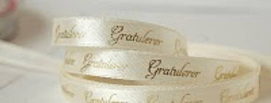 Bånd med tekst creme m/gull tekst : « Gratulerer »