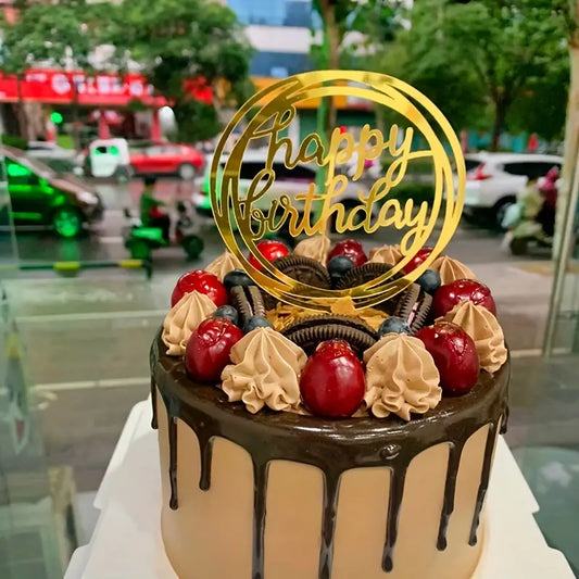 Bursdag / Fest - kakedekor akryl - «happy birthday» sirkel speil gull