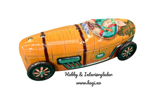 Nyhet ! Metallboks - gulrotbil - Kakeboks i metall – Retro bil med kanin