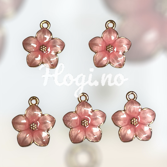Charms / miniatyr / metallcharms - Rosa blomst 🌸 m/oppheng 5 stk