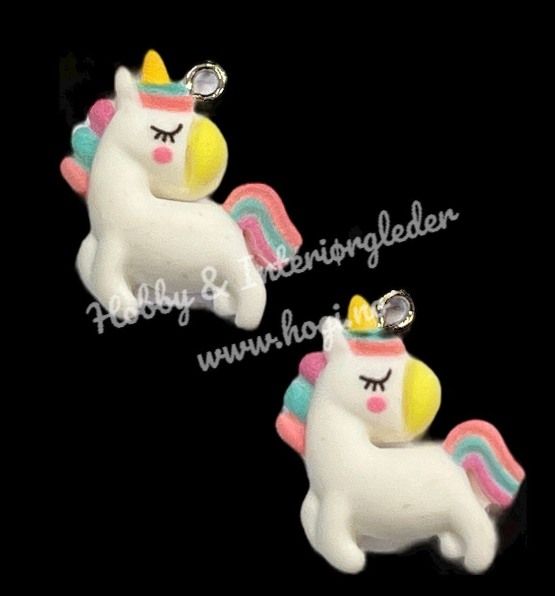 Charms - metallcharms - miniatyr : 3D enhjørning  2 stk pr pk m/oppheng