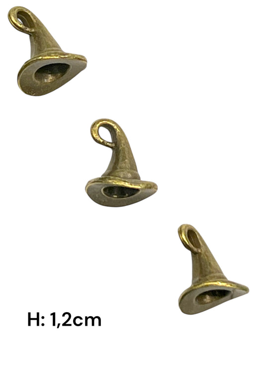 Charms - miniatyr - metallcharms - 4D Heksehatt 3 stk - vintage gull
