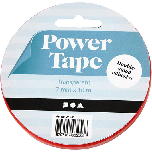 Power tape - PowerTape dobbeltsidig klar tape. 10m. Bredde:7mm