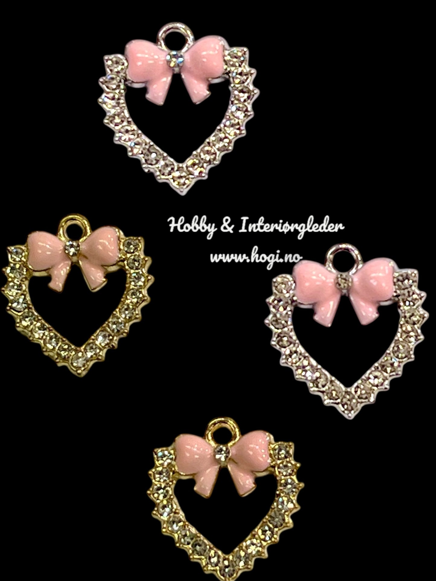 Charms - miniatyr - metallcharms - Hjerte med sløyfe og bling  - 2 stk hjerter pr pakke
