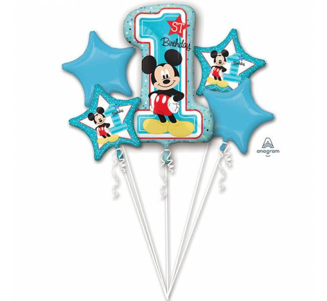 Disney Ballongbukett - Mikkes  1 års dag - Folie ballonger - Mickey 1st Birthday - 5 ballonger med lisens
