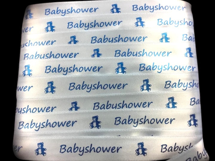 Bånd med tekst « Babyshower ». Lys blå 15mm .  Tema: baby shower