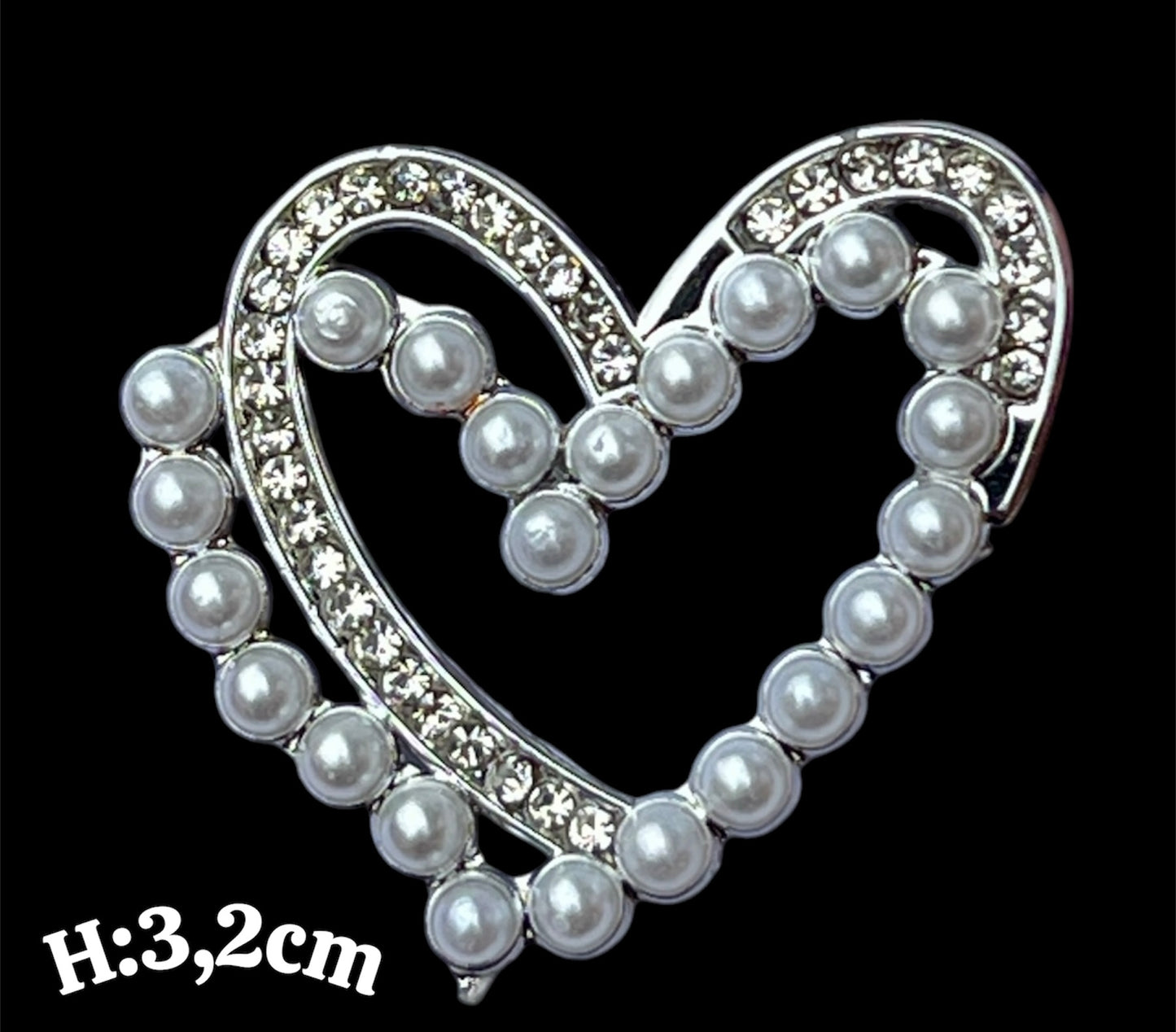 Metallcharms / miniatyr -Doble hjerter (bling og perle)  -  sølvfarget 1stk
