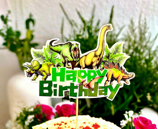 Bursdag / Fest - kakedekor - dinosaur skilt «Happy birthday»