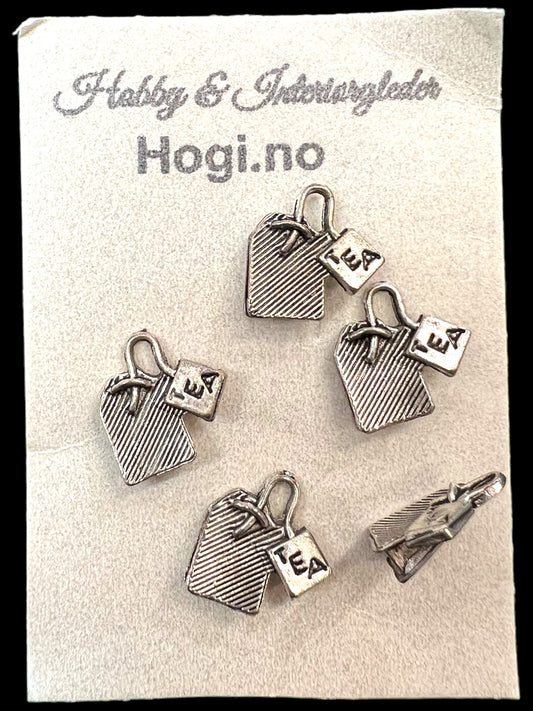 Charms - te-pose teabag sølvfarget metall  5 stk pr pk, str 1,5cm x1,5cm