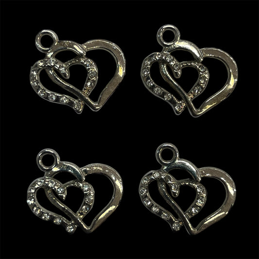 Charms - doble hjerter med bling - 4 stk - velg farge