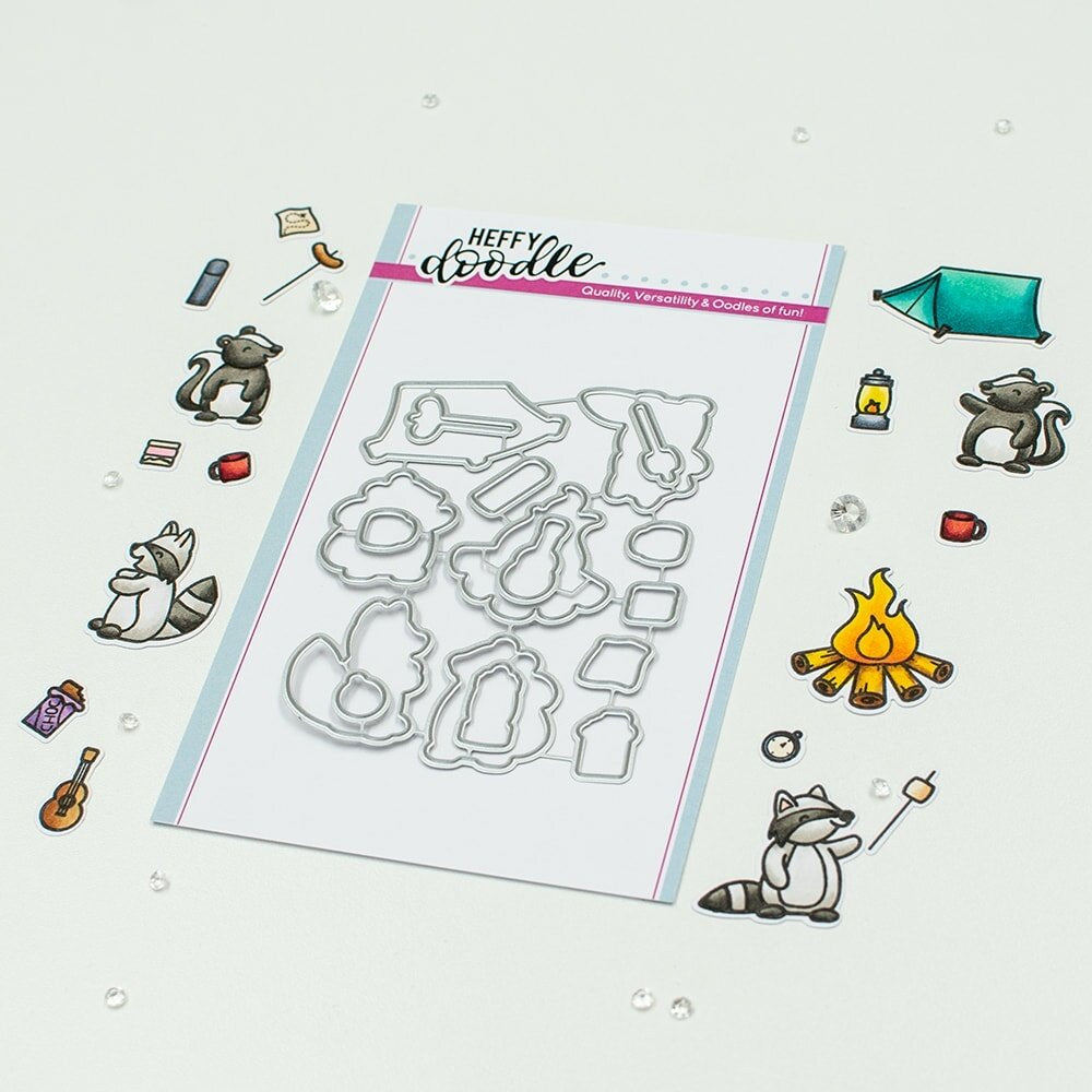 TILBUD! - Heffy Doodle - Camping stempler - bål - Camping critters stempel og dies i pakken