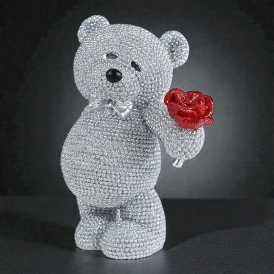 Glitter bamse sølv glitter m/rose